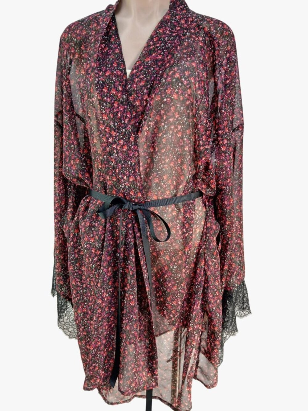 Cacique Floral Babydoll Nighty 4X Lingerie Sheer Lace Kimono Robe Black Red Flor
